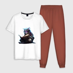 Мужская пижама с белой футболкой хлопок Кот ученый с книгой, Киберпанк