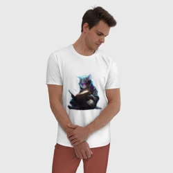 Мужская пижама с белой футболкой хлопок Кот ученый с книгой, Киберпанк - фото 2