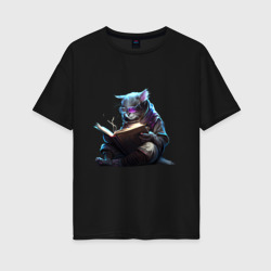 Женская футболка хлопок Oversize Кот ученый с книгой, Киберпанк