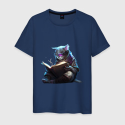Мужская футболка хлопок Кот ученый с книгой, Киберпанк
