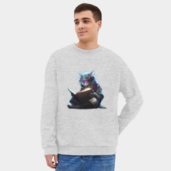 Мужской свитшот oversize без начеса хлопок Кот ученый с книгой, Киберпанк - фото 2