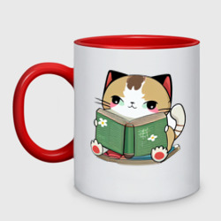 Кружка двухцветная Японский кот читает книгу