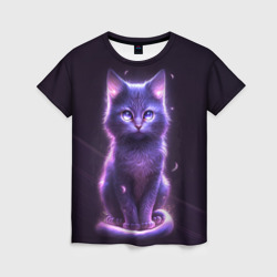 Женская футболка 3D Неоновый котик в лесу