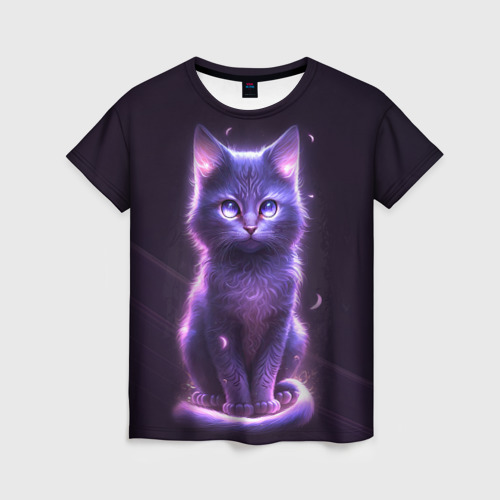 Женская футболка 3D Неоновый котик в лесу, цвет 3D печать