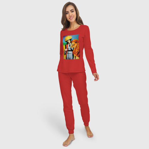 Женская пижама с лонгсливом хлопок Salvador Dali and lion - neural network, цвет красный - фото 3