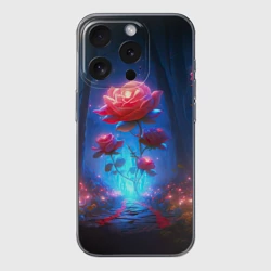 Чехол для iPhone 15 Pro силиконовый с защитой камеры Алая роза в ночном лесу