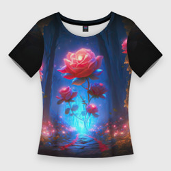 Женская футболка 3D Slim Алая роза в ночном лесу