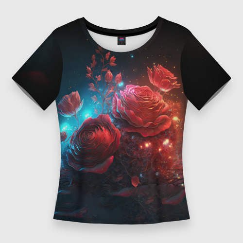 Женская Приталенная футболка Алые розы в ночном лесу (3D)