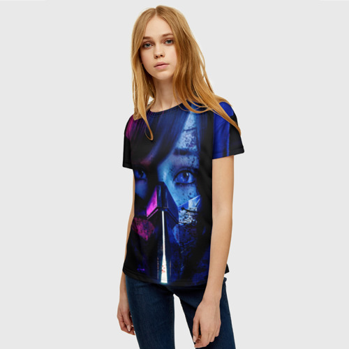 Женская футболка 3D Девушка в киберпанке, цвет 3D печать - фото 3