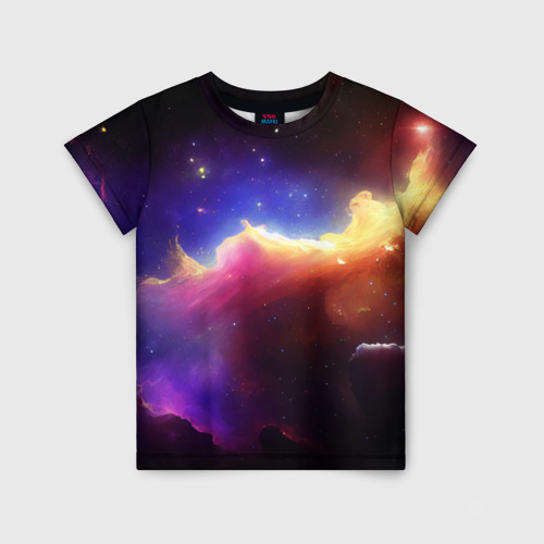 Детская футболка 3D с принтом Столкновение галактик, вид спереди #2