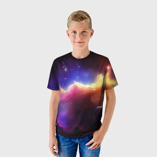 Детская футболка 3D с принтом Столкновение галактик, фото на моделе #1