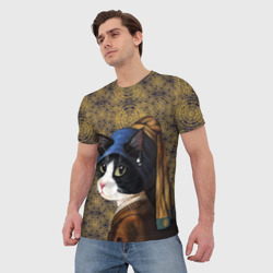Мужская футболка 3D Кошечка с жемчужной сережкой Ян Вермеер пародия - фото 2