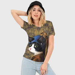 Женская футболка 3D Slim Кошечка с жемчужной сережкой Ян Вермеер пародия - фото 2
