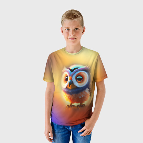 Детская футболка 3D с принтом Яркая совушка, фото на моделе #1