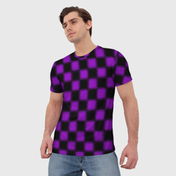 Футболка с принтом Фиолетовый черный узор шахматка для мужчины, вид на модели спереди №2. Цвет основы: белый