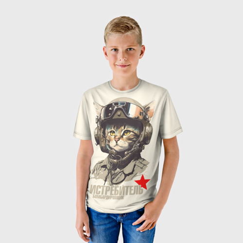 Детская футболка 3D Кот военный пилот, цвет 3D печать - фото 3