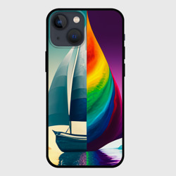 Чехол для iPhone 13 mini Два мира пересекаются: корабль и радужное полотно