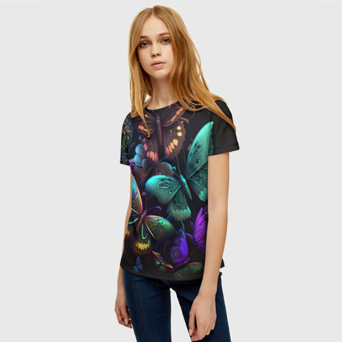 Женская футболка 3D Разные неоновые бабочки, цвет 3D печать - фото 3