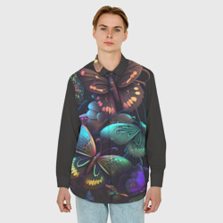Мужская рубашка oversize 3D Разные неоновые бабочки - фото 2