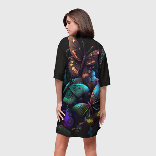Платье-футболка 3D Разные неоновые бабочки, цвет 3D печать - фото 4