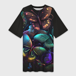 Платье-футболка 3D Разные неоновые бабочки