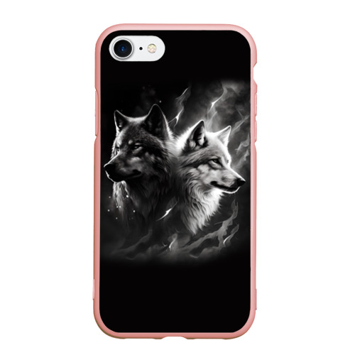 Чехол для iPhone 7/8 матовый с принтом Волки - белый и черный, вид спереди #2