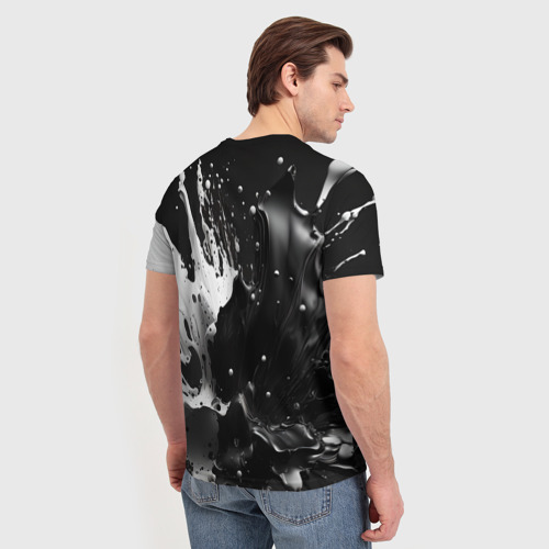 Мужская футболка 3D с принтом Брызги красок - белая и черная, вид сзади #2