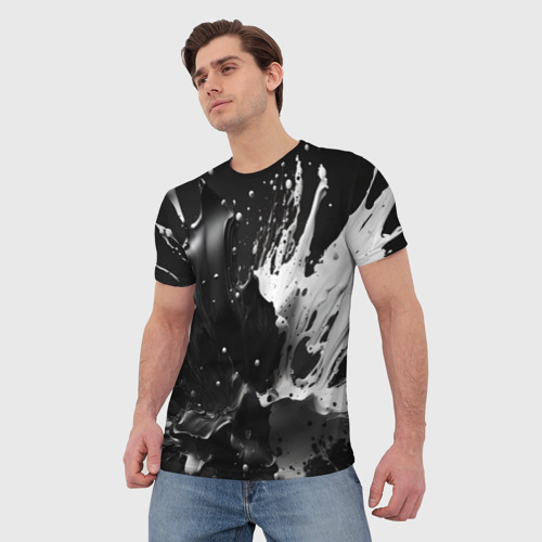 Мужская футболка 3D с принтом Брызги красок - белая и черная, фото на моделе #1