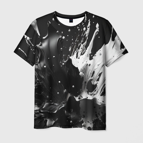 Мужская футболка 3D с принтом Брызги красок - белая и черная, вид спереди #2