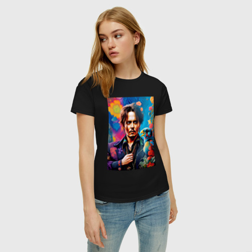 Женская футболка хлопок с принтом Джонни Депп - нейросеть - джунгли, фото на моделе #1