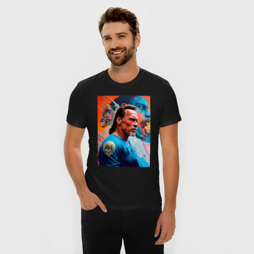 Мужская футболка хлопок Slim с принтом Арнольд Шварценеггер - нейросеть - знаменитый  актёр, фото на моделе #1