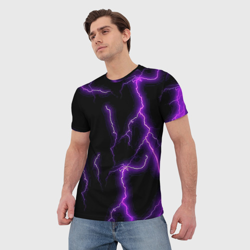 Мужская футболка 3D Фиолетовые молнии, цвет 3D печать - фото 3