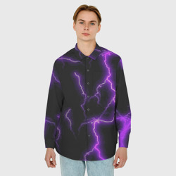 Мужская рубашка oversize 3D Фиолетовые молнии - фото 2