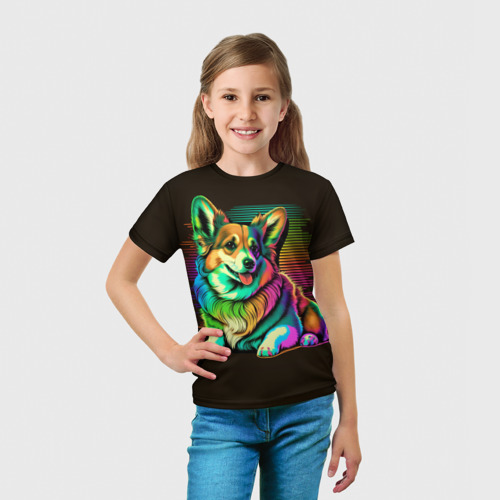 Детская футболка 3D Неоновый корги, цвет 3D печать - фото 5