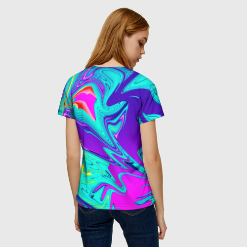 Женская футболка 3D с принтом Неоновые краски разводы, вид сзади #2