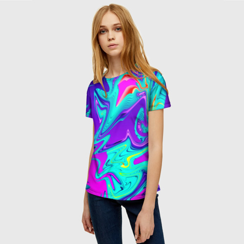Женская футболка 3D с принтом Неоновые краски разводы, фото на моделе #1