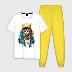Мужская пижама с белой футболкой хлопок Кот репер
