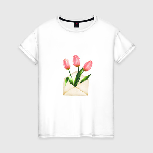 Женская футболка хлопок с принтом Тюльпаны в конверте, вид спереди #2