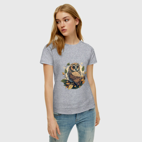 Женская футболка хлопок с принтом Сова на ветке на фоне луны, фото на моделе #1