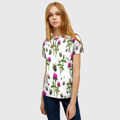 Женская футболка 3D Клевер и пчёлки - паттерн, цвет 3D печать - фото 3