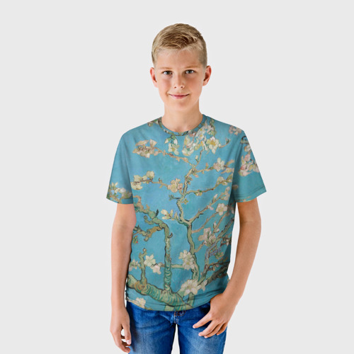Детская футболка 3D с принтом Цветущий миндаль Ван Гог, фото на моделе #1