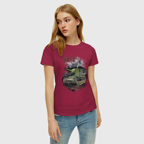 Женская футболка хлопок с принтом В бой на КВ-2, фото на моделе #1