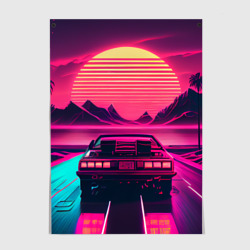Постер Синтвейв закат и автомобиль