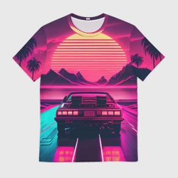 Мужская футболка 3D Синтвейв закат и автомобиль