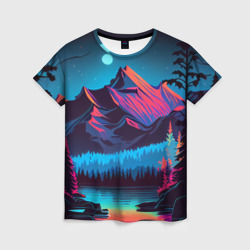 Женская футболка 3D Неоновый пейзаж и горы