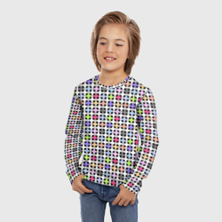 Лонгслив с принтом Разноцветный геометрический рисунок для ребенка, вид на модели спереди №2. Цвет основы: белый