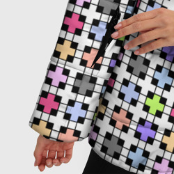 Куртка с принтом Разноцветный геометрический рисунок для женщины, вид на модели спереди №4. Цвет основы: черный