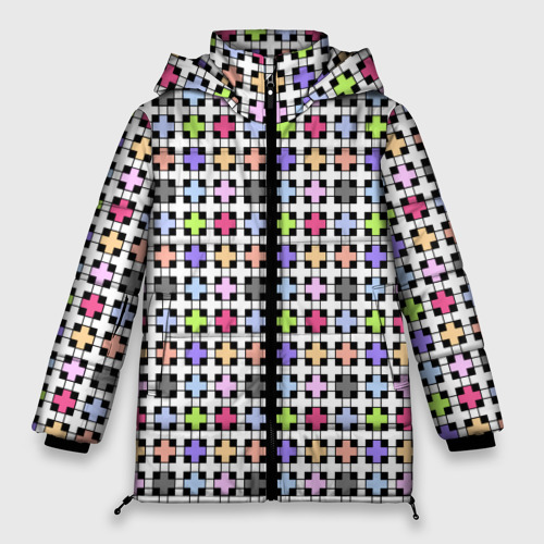 Женская зимняя куртка оверсайз с принтом Разноцветный геометрический рисунок, вид спереди №1