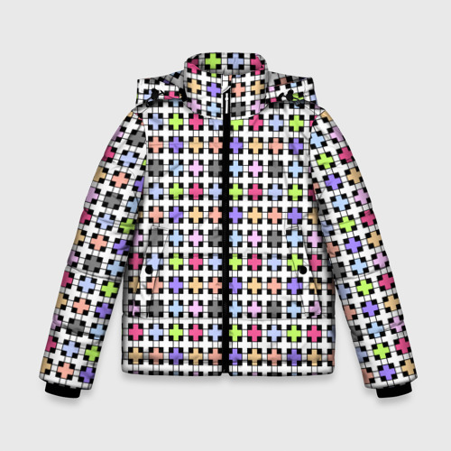 Зимняя куртка для мальчиков с принтом Разноцветный геометрический рисунок, вид спереди №1
