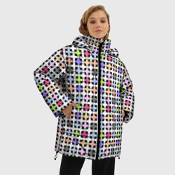 Куртка с принтом Разноцветный геометрический рисунок для женщины, вид на модели спереди №2. Цвет основы: черный